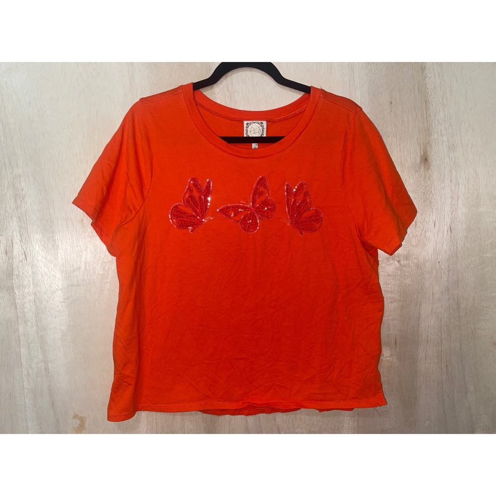 Y2K Trueself Women Orange Butterfly Sequin Embroidered T-Shirt Large